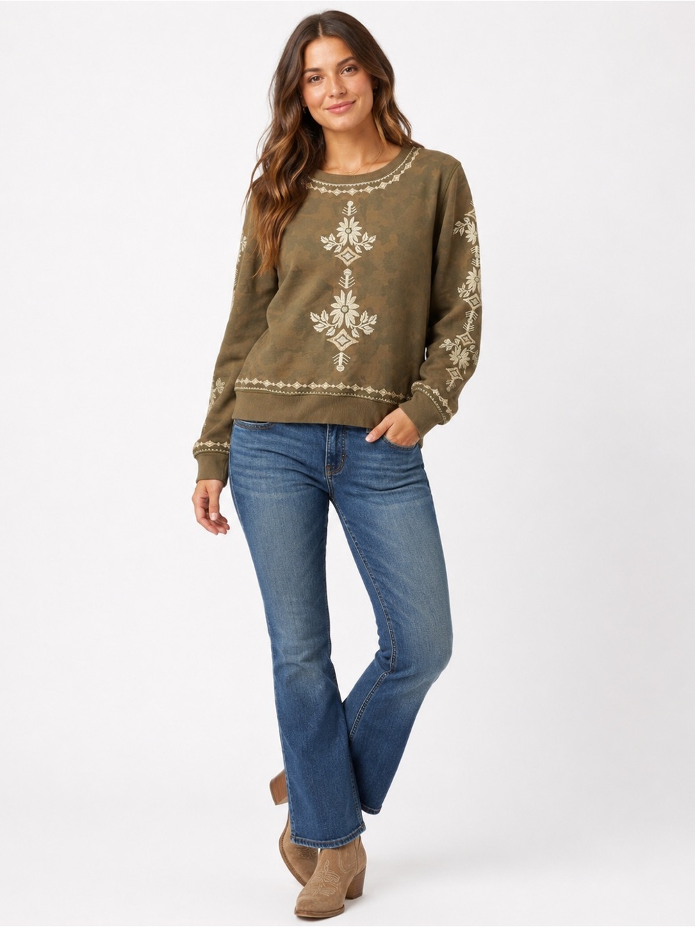 Driftwood Embroidered Camo Sweatshirt Medium Boho Western Floral Cotton